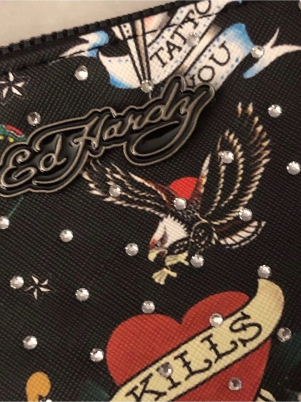 NEW Ed Hardy Black Tattoo Art Print Rhinestone Studded Wristlet 6.5”x8.5” NWT